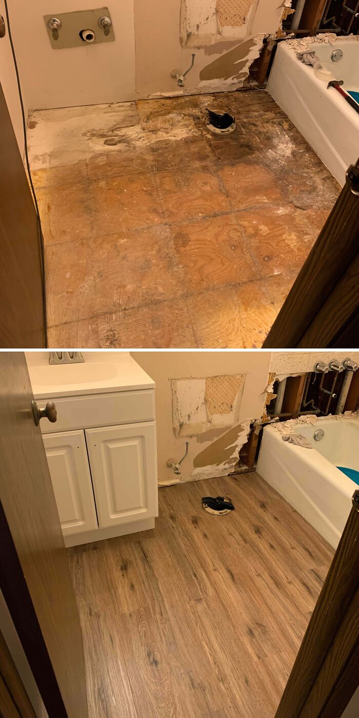 Bathroom flooring replacement showing wood planks, perfect for DIY home upgrades