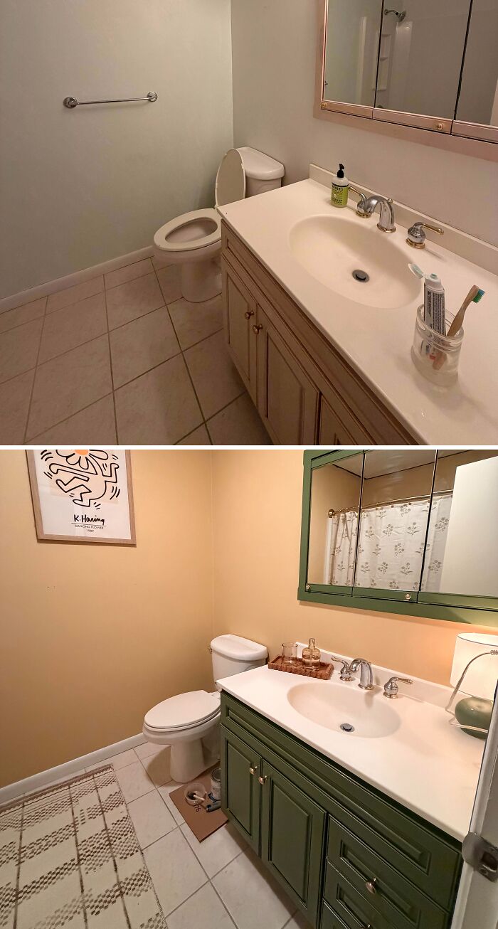 Before and after of a green painted bathroom vanity for DIY home upgrades