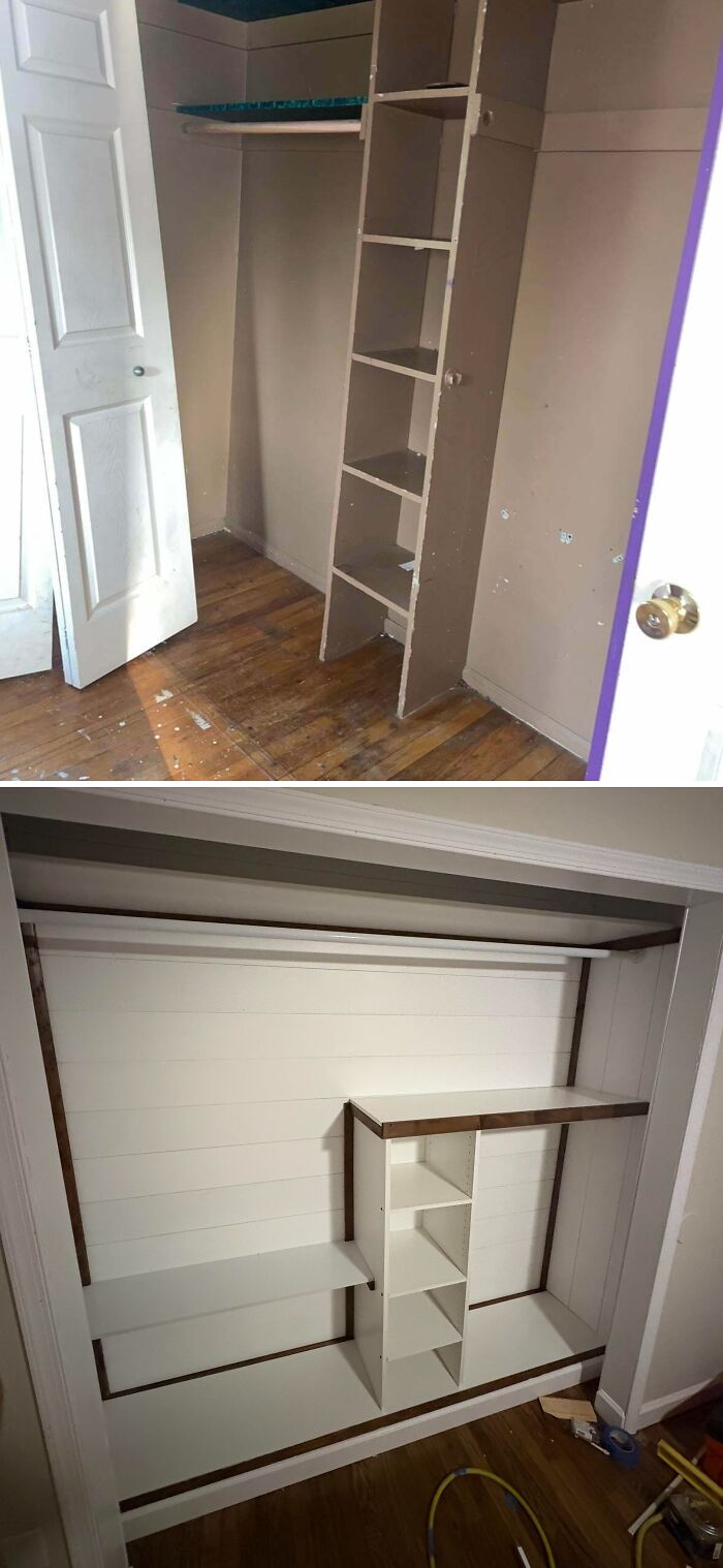 Closet shelving renovation before and after, showcasing DIY home upgrades