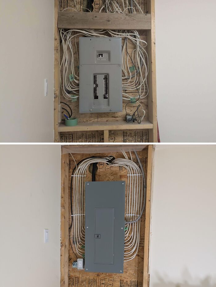 Before and after photos of an electrical panel organization project, demonstrating useful DIY home upgrades.