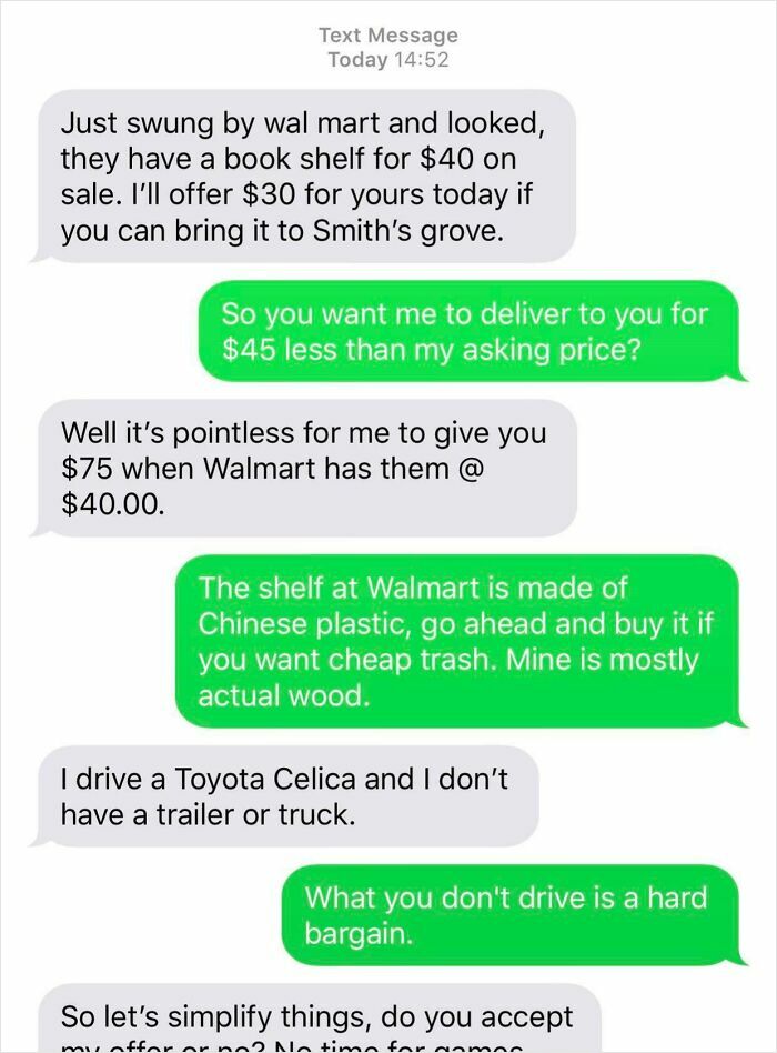 A chat with choosing beggars negotiating over a bookshelf price