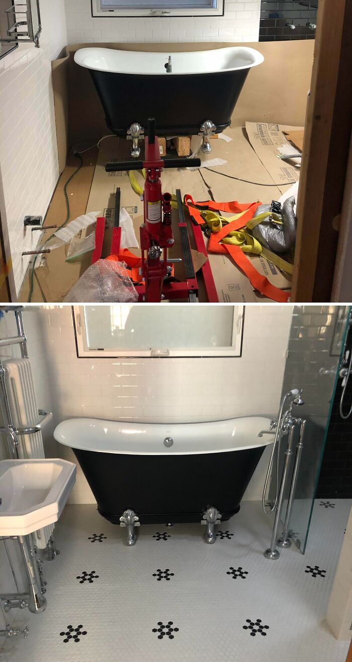 Before and after of a bathroom renovation featuring a vintage bathtub, great for DIY home upgrades