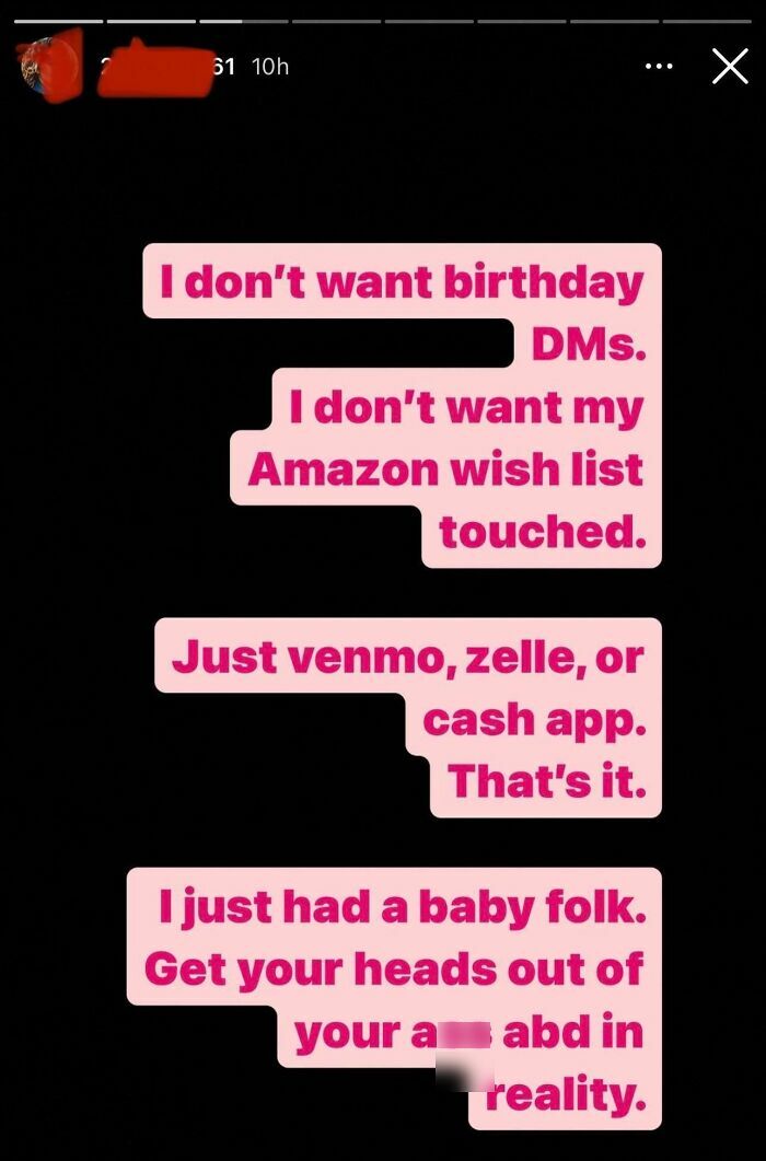 An entitled Instagram story post from choosing beggars demanding cash over birthday wishes or gift items.