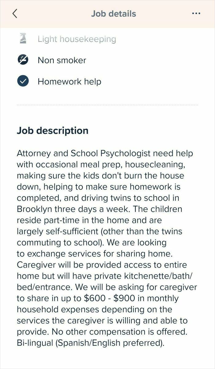A job posting showing choosing beggars expecting a caregiver to pay them rent while providing free childcare.
