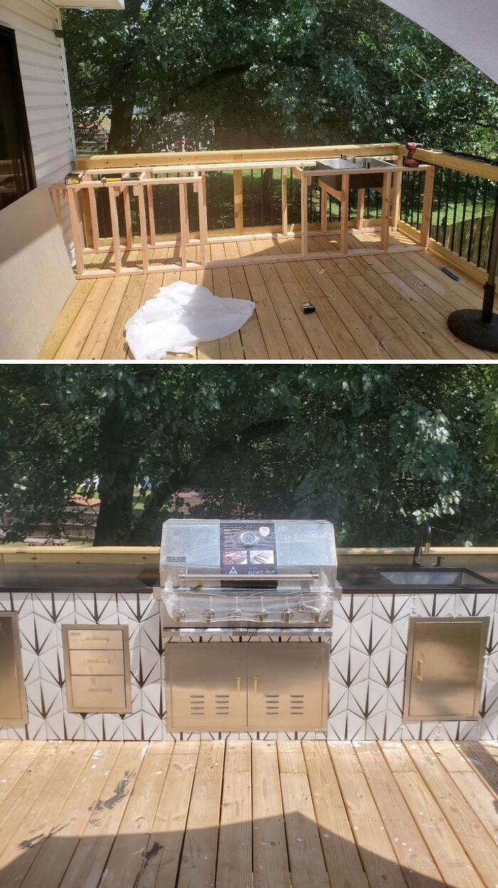 Before and after DIY Home Upgrades showing a custom outdoor kitchen build on a deck