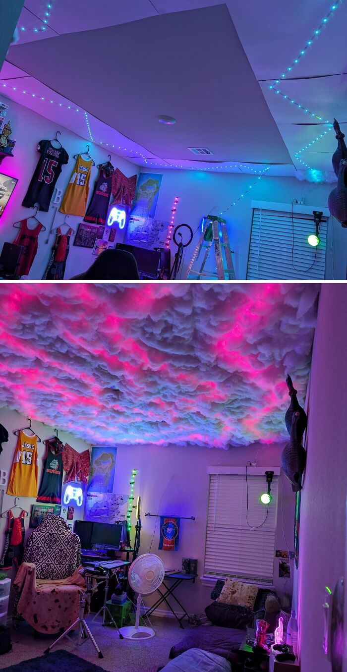 Before and after of a bedroom ceiling DIY Home Upgrades with LED lights and clouds