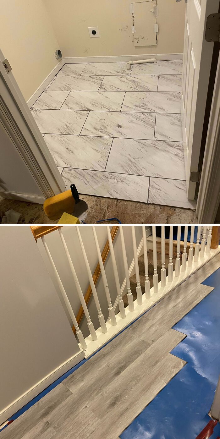 DIY Home Upgrades before and after installing marble and wood floors