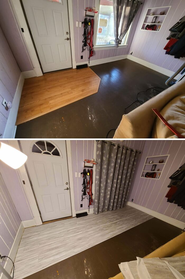 Before and after of an entryway floor renovated with new laminate planks as simple DIY home upgrades