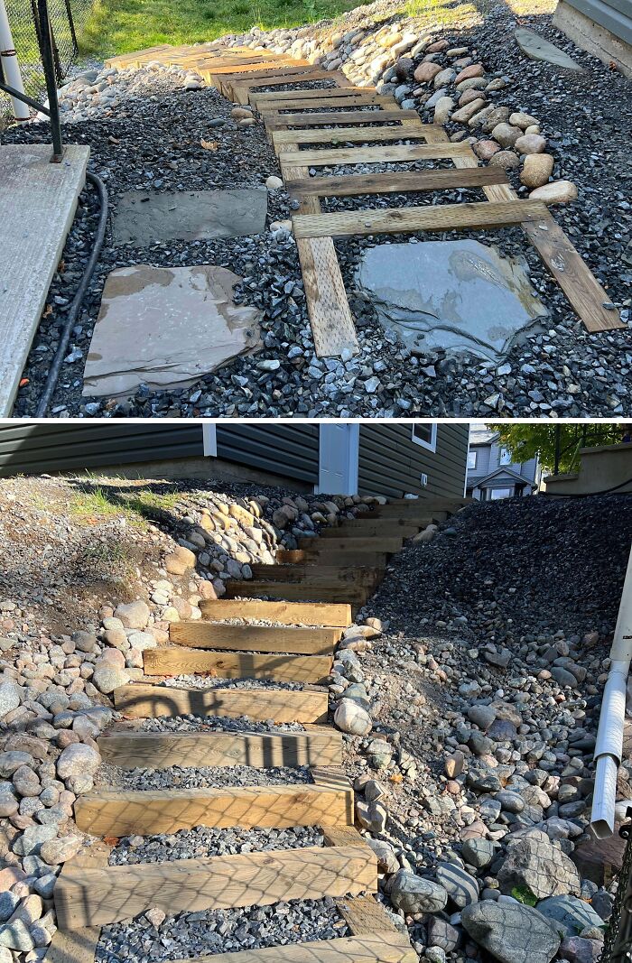 Two stages of building a wooden staircase on a gravel sloped backyard pathway for DIY home upgrades