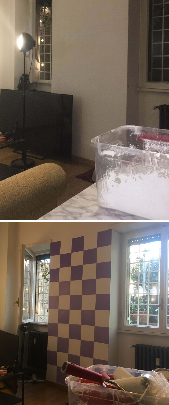 A white wall transformed with purple and white checkers as a creative DIY home upgrade.