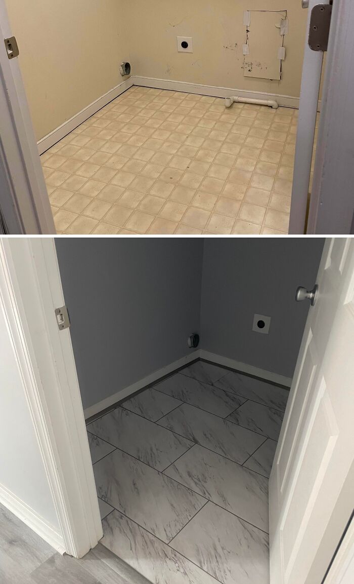 Before and after views of a small laundry room floor retiled with marble-style tiles, showcasing DIY home upgrades