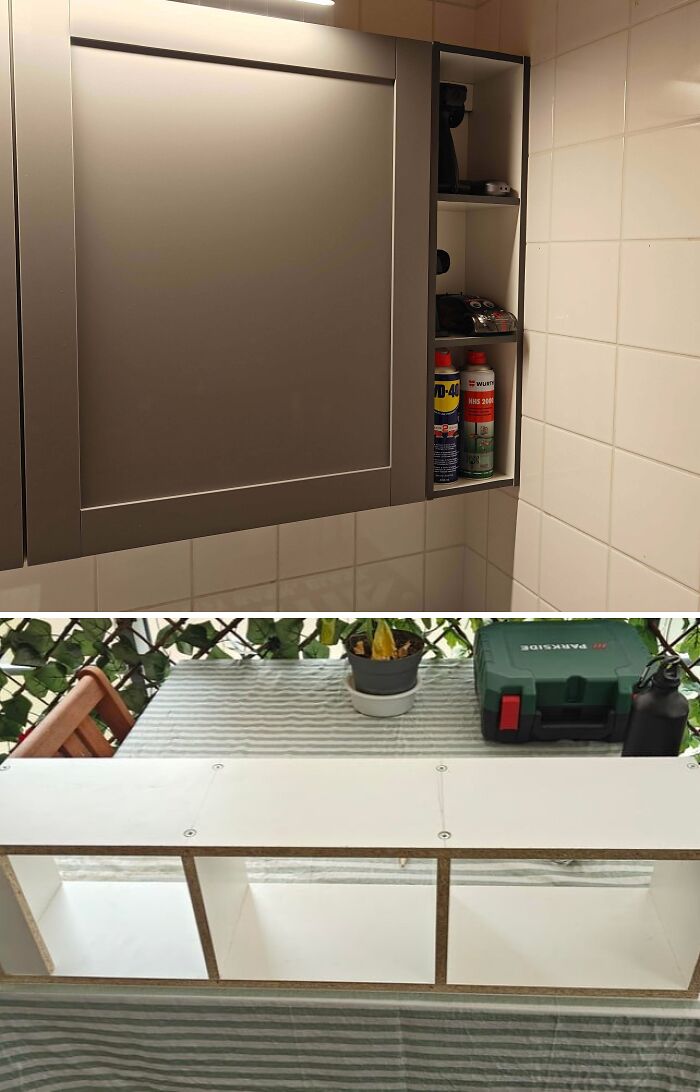 Two-panel split showing a grey bathroom medicine cabinet being installed as one of many DIY home upgrades