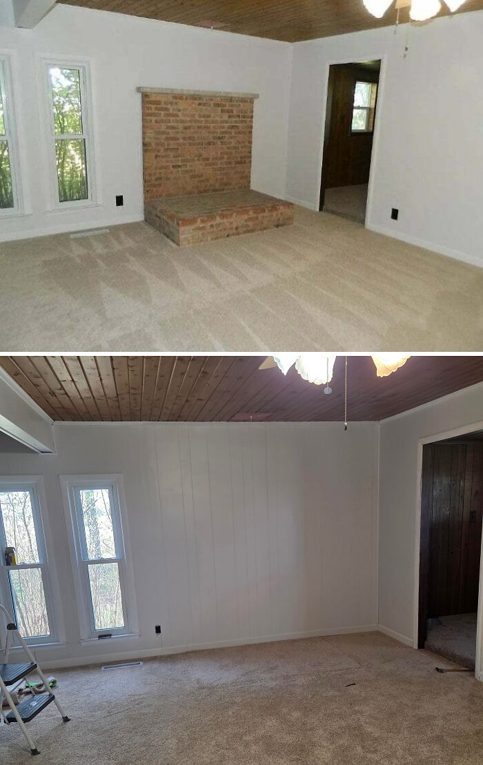 Before and after of a living room wall with a removed brick fireplace, a clever DIY home upgrade.
