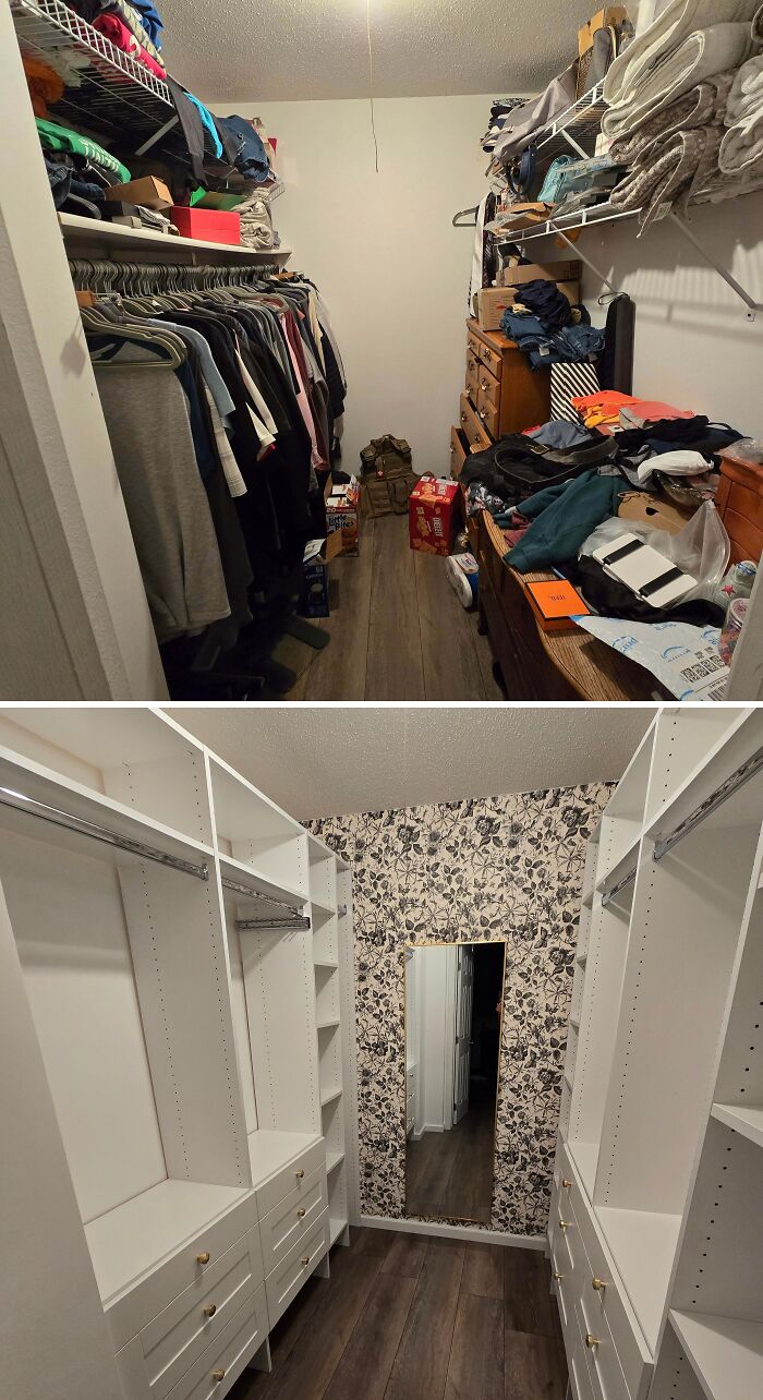 Closet transformation before and after, showcasing DIY home upgrades with floral wallpaper.