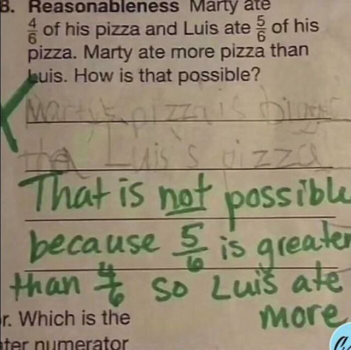 A math problem with a student's logical answer crossed out by a teacher's correction, depicting funny teachers