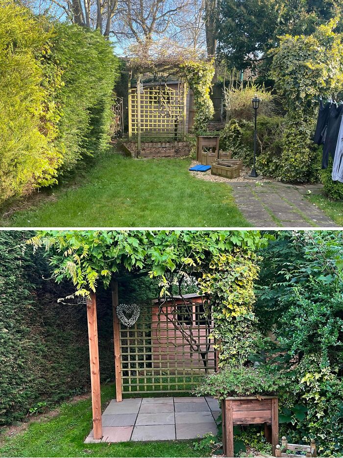 Before and after of a lush garden arbor with a wooden trellis, a budget DIY home upgrade.