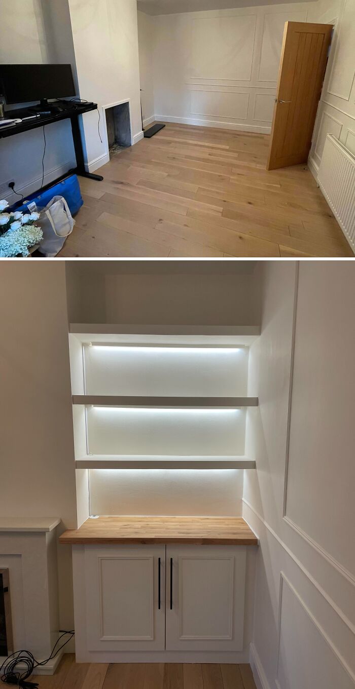 Modern white shelves with integrated LED lighting, highlighting smart DIY Home Upgrades.