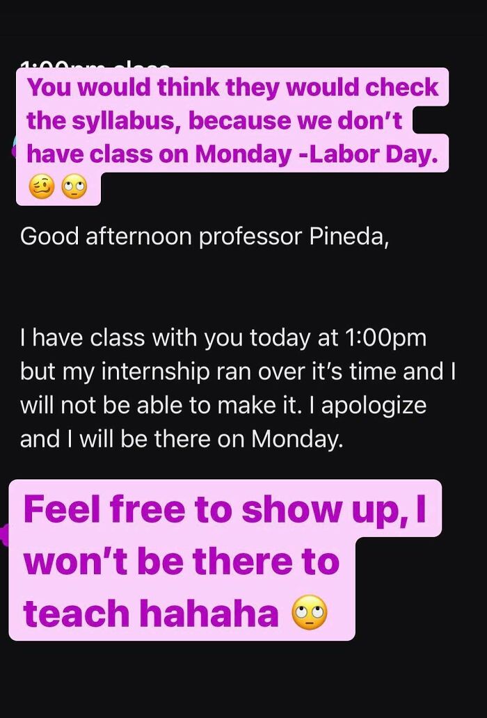 A text message thread where funny teachers remind students about Labor Day class schedules