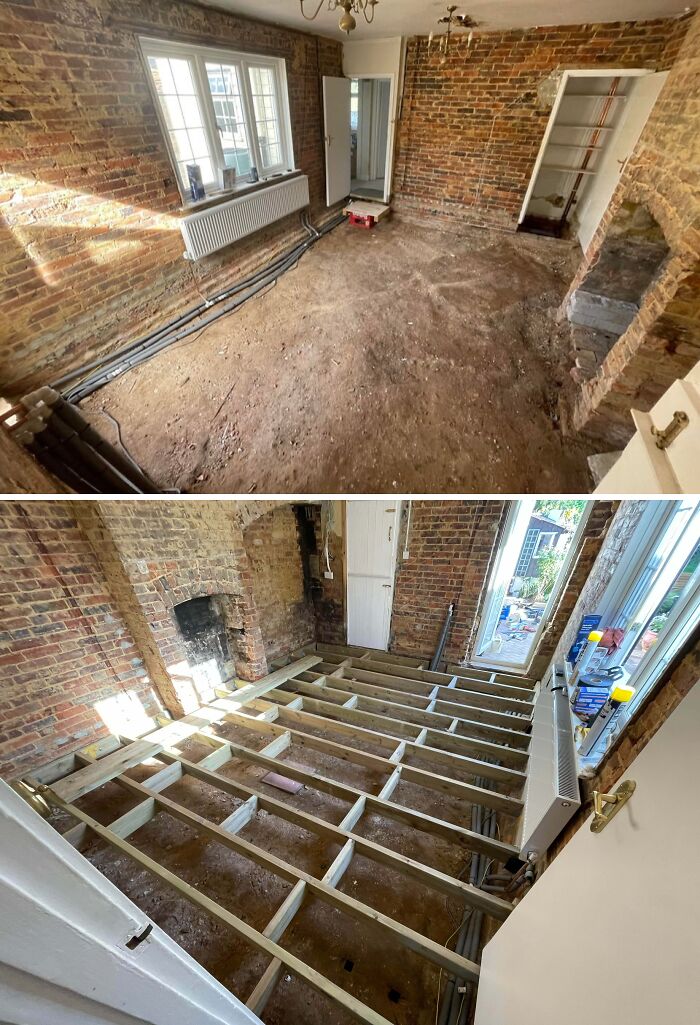 Step-by-step home floor renovation showing wooden beams, an example of DIY Home Upgrades.