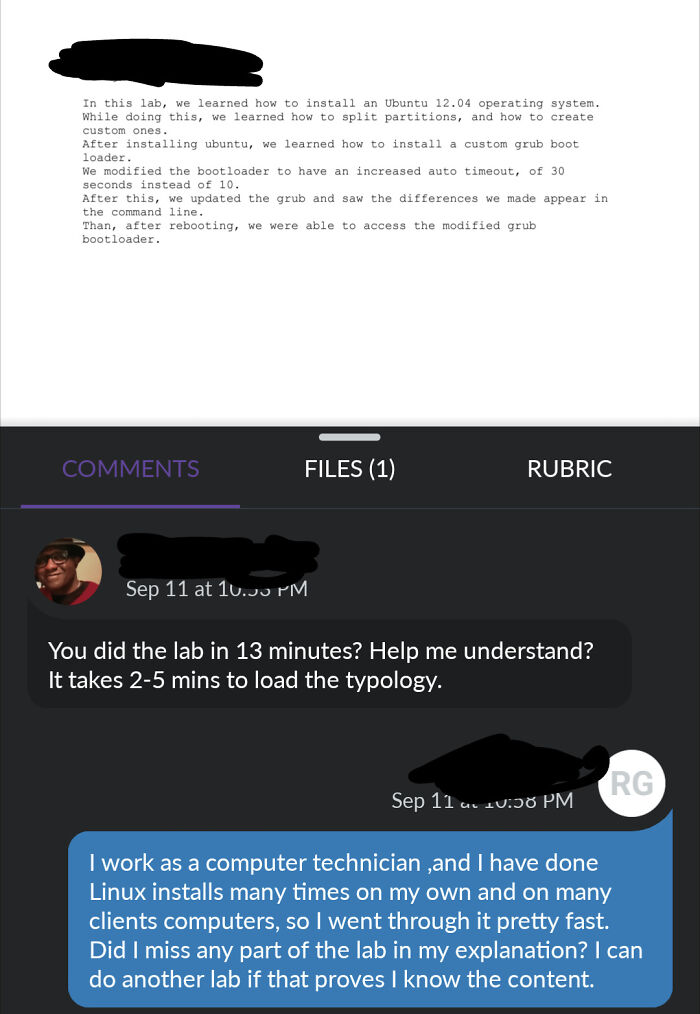 A student explaining a quick lab setup to funny teachers who questioned the fast submission time