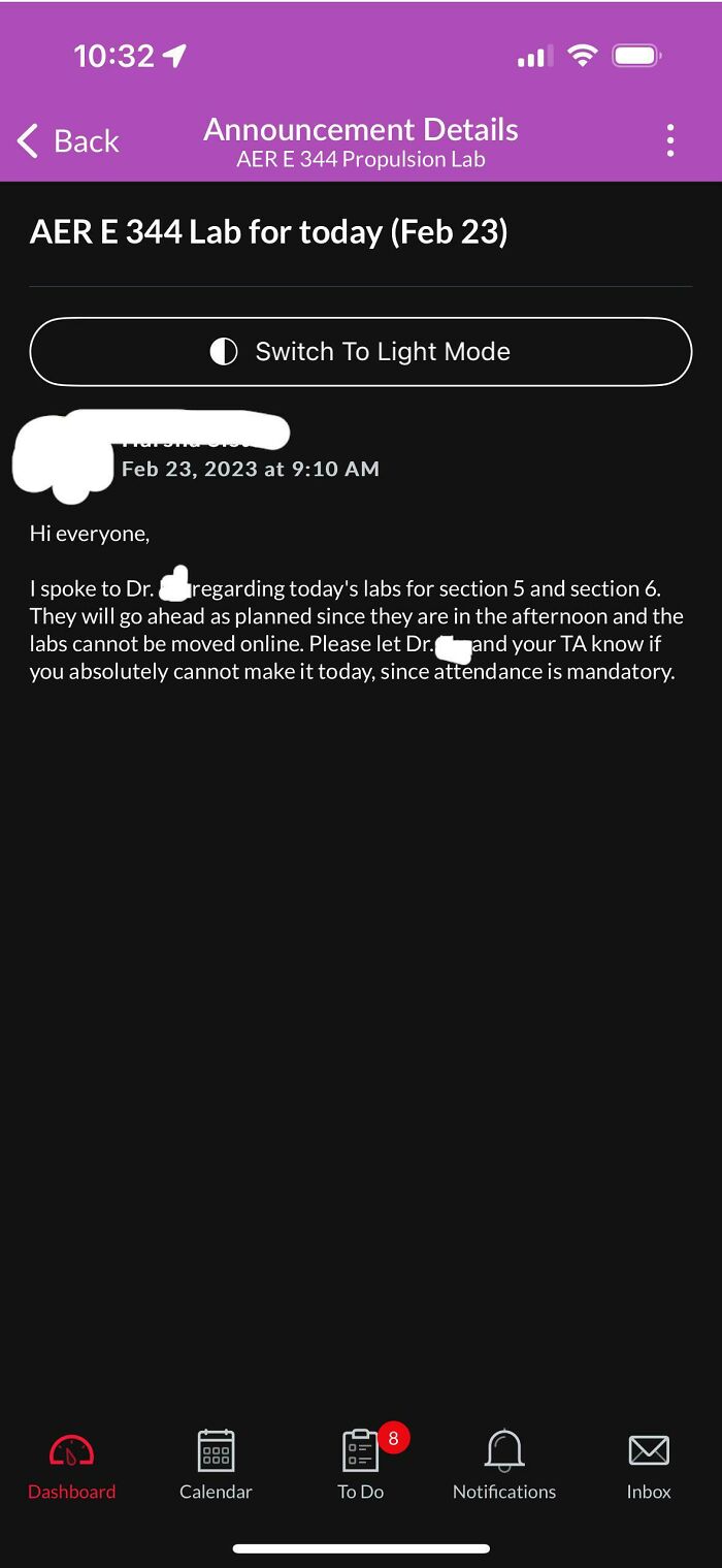 A screenshot of a mandatory lab announcement from teachers, emphasizing that attendance cannot be moved online.