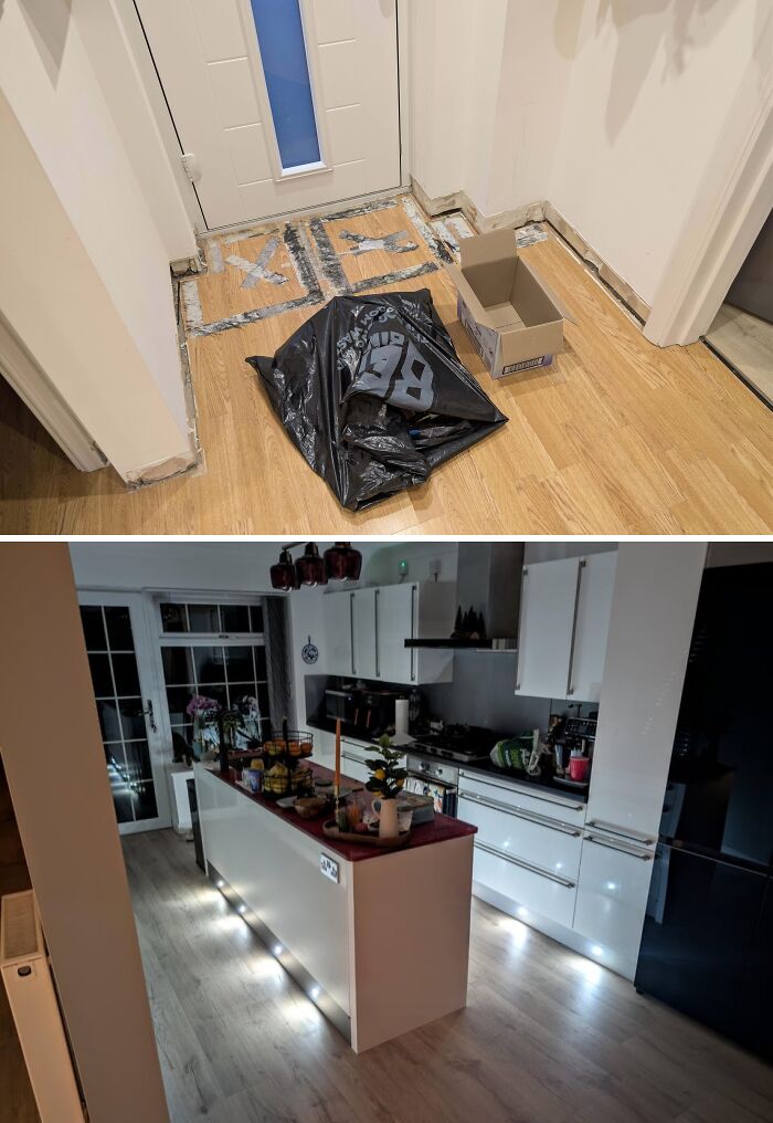 Before and after view of a kitchen floor renovation, a clever DIY Home Upgrades project.
