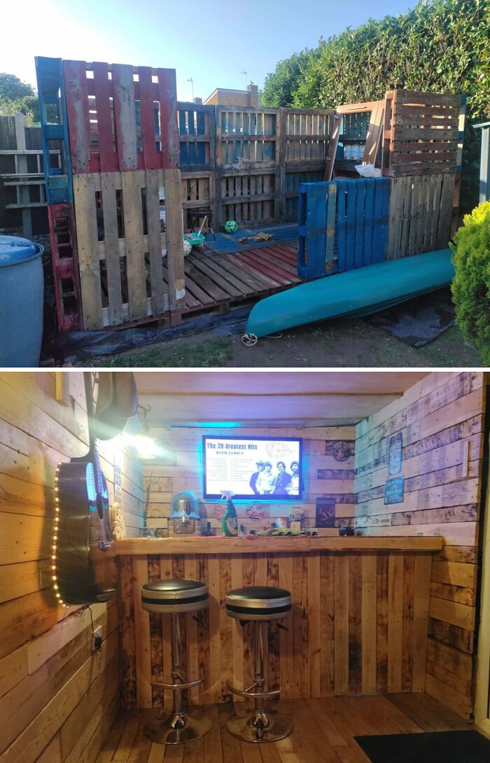 Before and after of a DIY home upgrade transforming shipping pallets into a stylish indoor bar