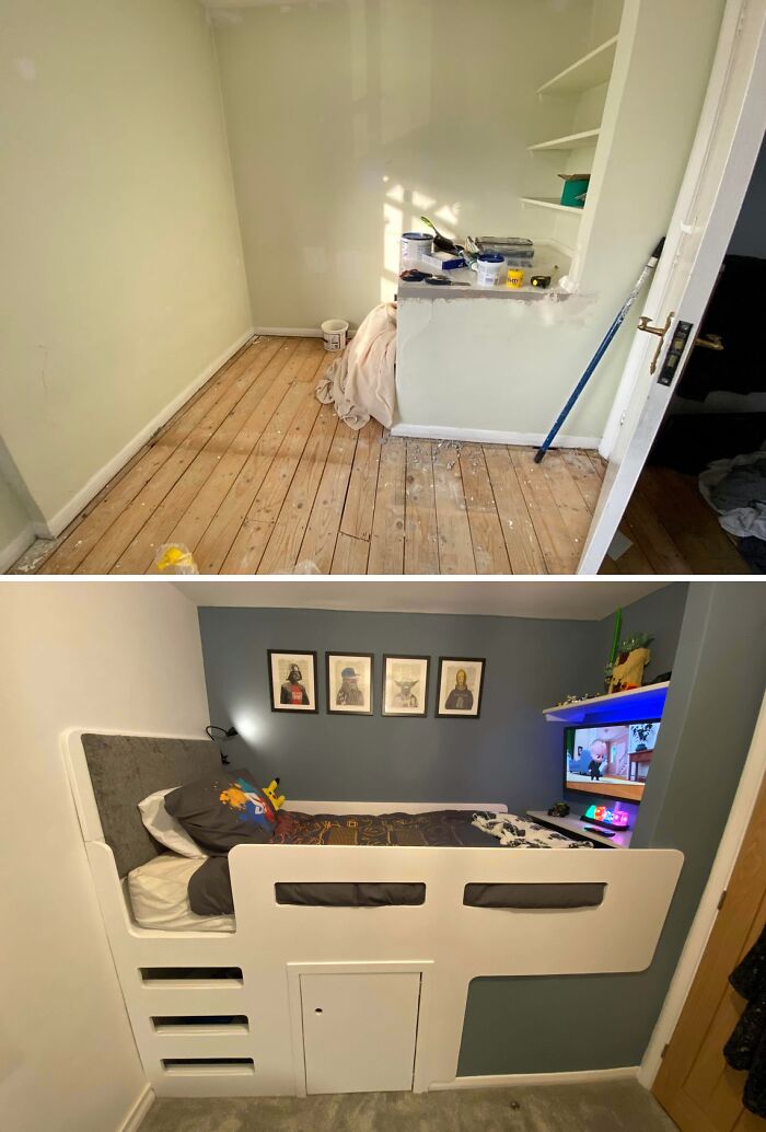 Before and after of a small bedroom renovation with a custom loft bed as a DIY home upgrade