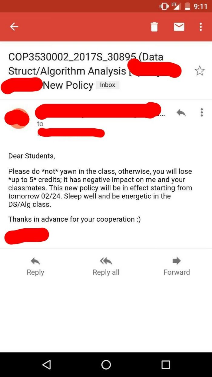 An email screenshot showing a policy from teachers warning students they will lose credits if they yawn.
