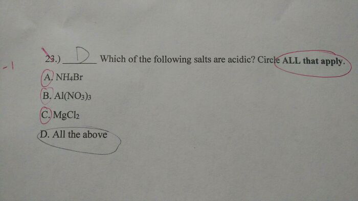 Chemistry test question about acidic salts marked wrong by a teacher, highlighting teachers grading mistakes.