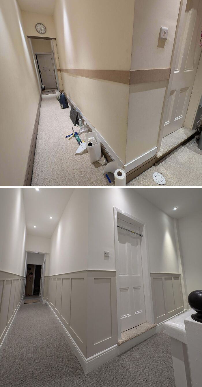 A hallway transformation before and after adding wainscoting paneling for a DIY home upgrade