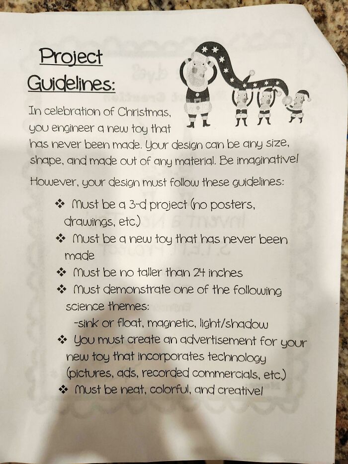 School project guidelines sheet featuring a whimsical Christmas graphic used by teachers.