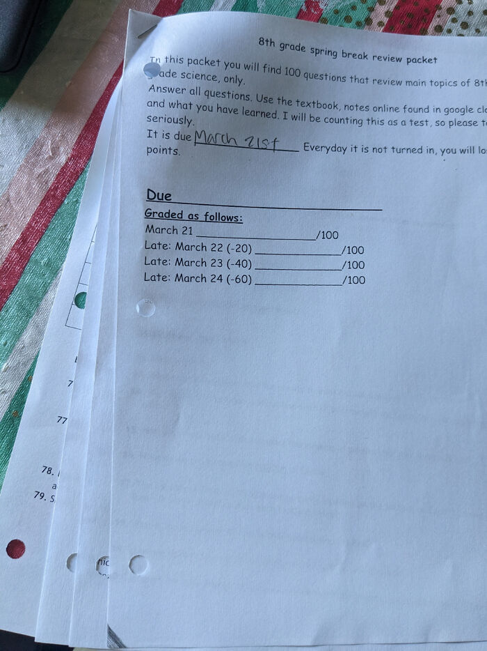 An 8th-grade science spring break review packet with strict late-point deductions by teachers.