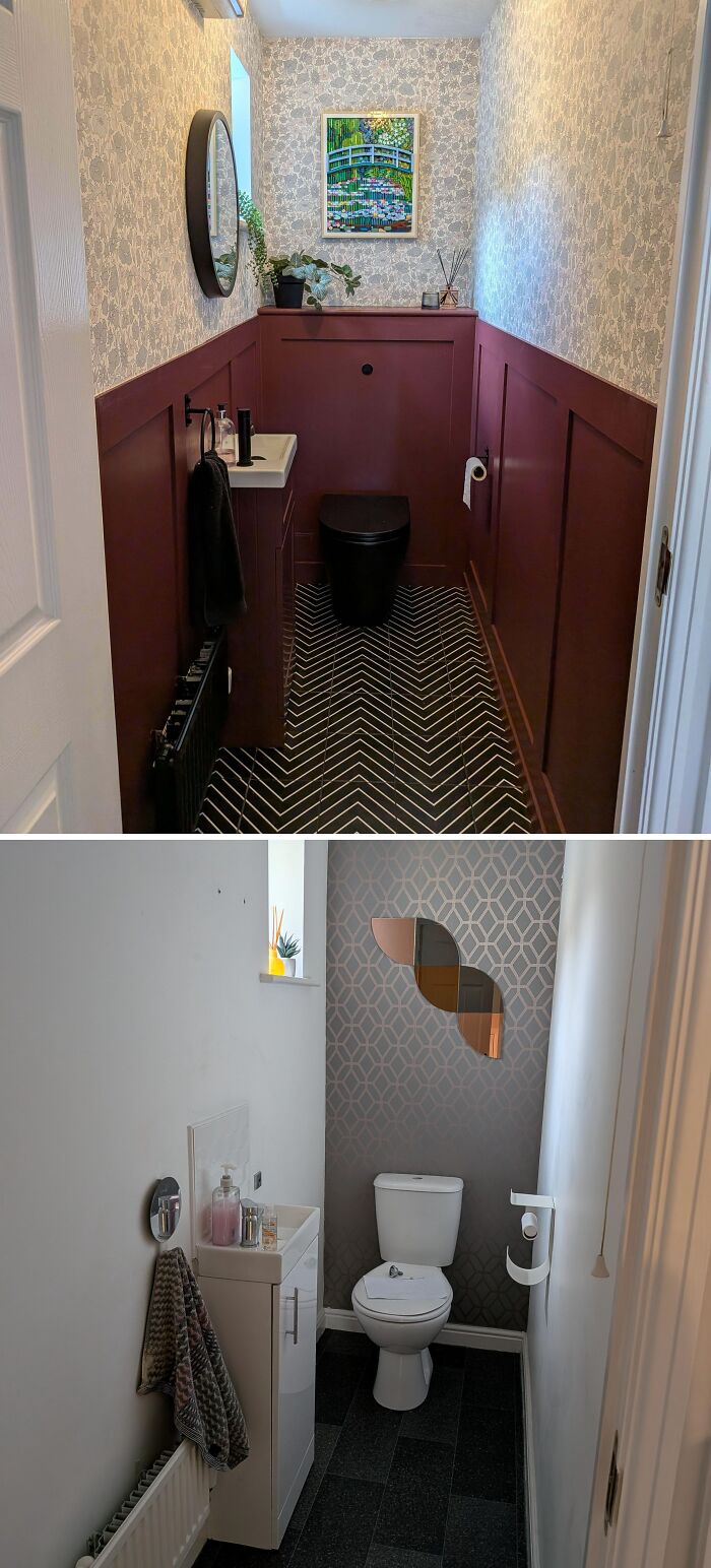 Before and after of a small powder room with rich burgundy wainscoting as smart DIY home upgrades