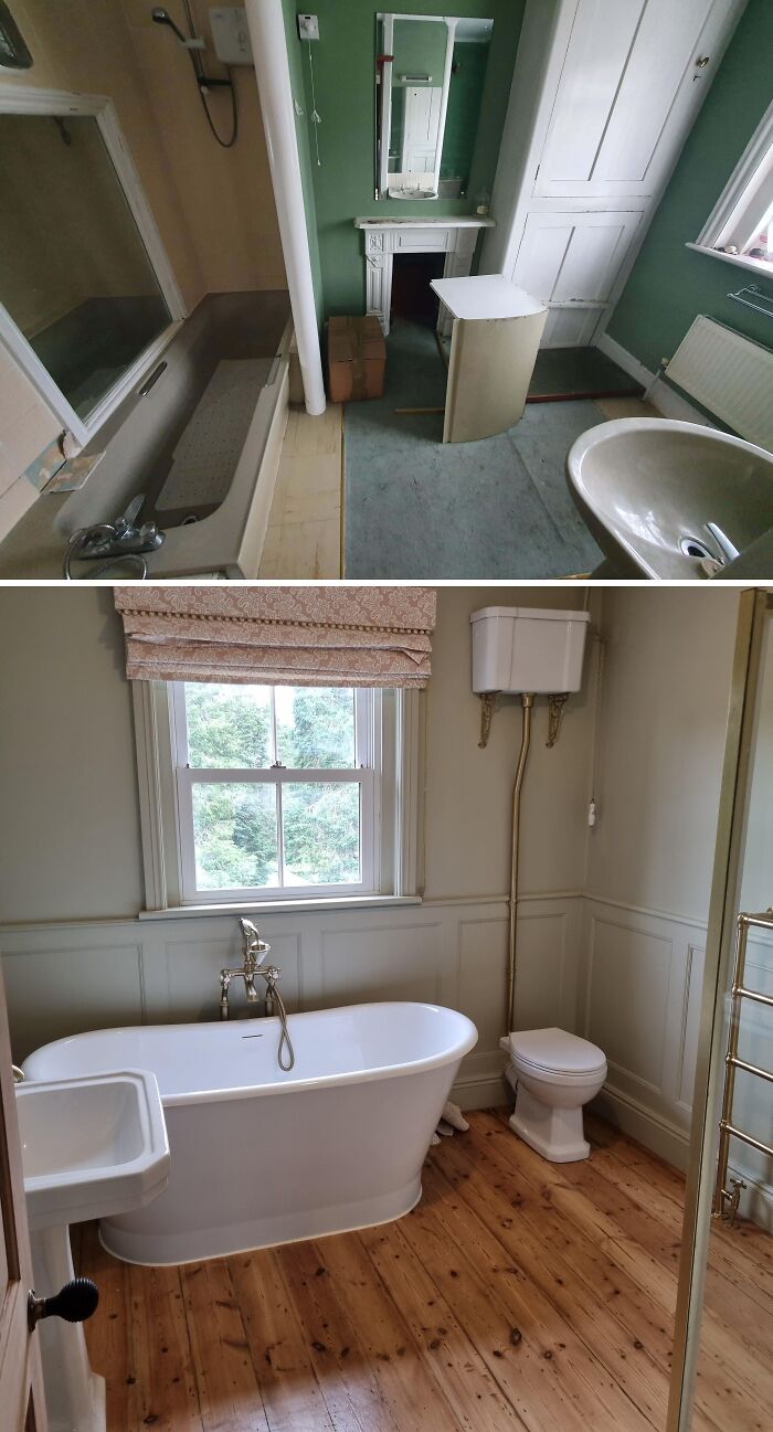 A bathroom renovation before and after featuring a classic clawfoot tub for DIY home upgrades