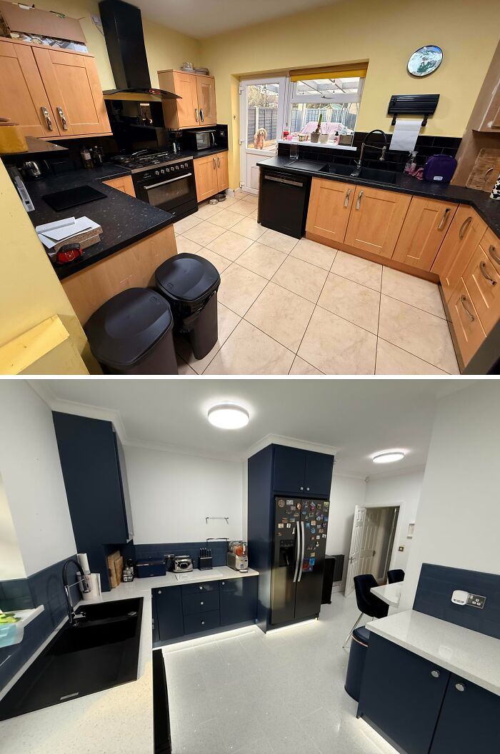 Before and after a DIY kitchen remodel featuring navy cabinets and modern appliances.