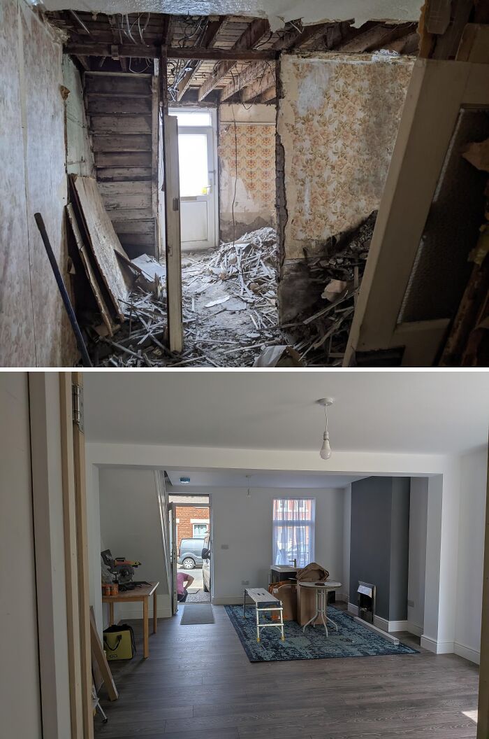 Before and after DIY home renovations transforming a gutted house into a modern living space.