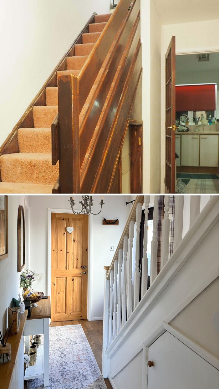 Before and after DIY staircase renovations showing new white banisters and wood finishes.