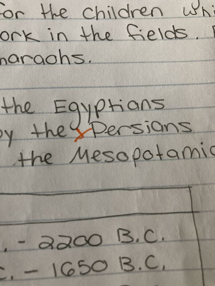 Red ink correction on a student's history paper, illustrating teachers who took their jobs too seriously