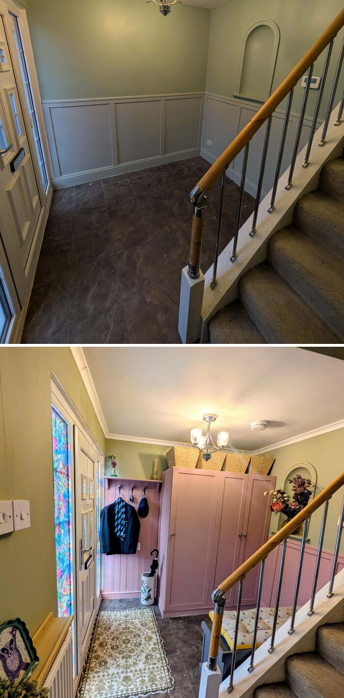 An entryway makeover before and after showcasing a pink wardrobe for clever DIY home upgrades