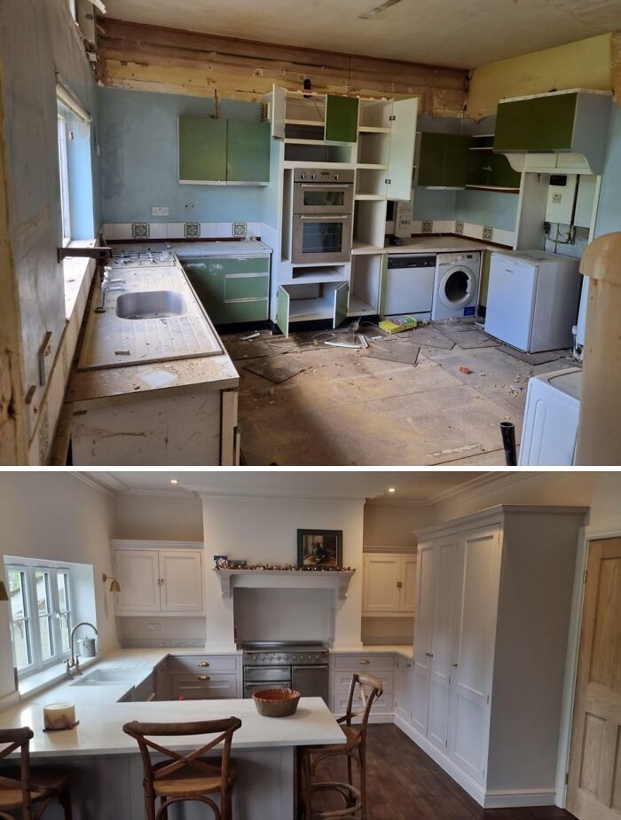 Before and after a DIY kitchen renovation showcasing updated cabinets and island seating.