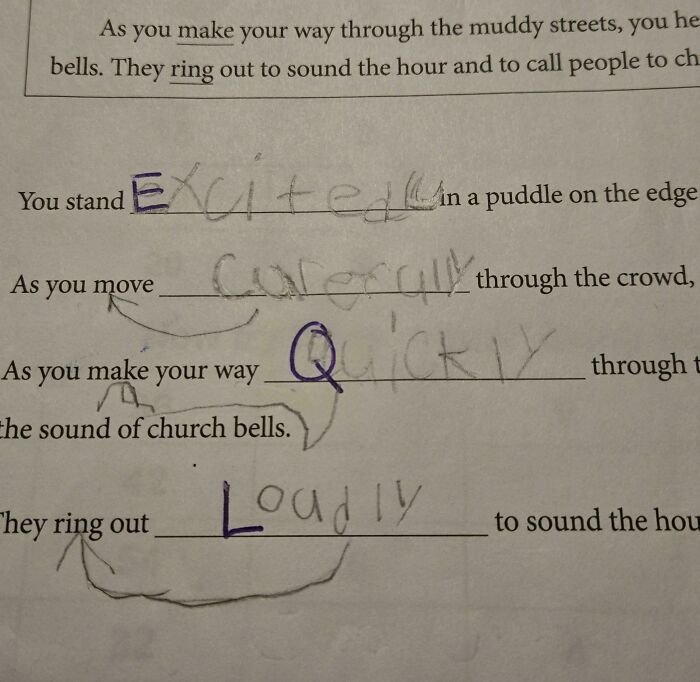 Handwritten school worksheet where teachers corrections of spelling are marked on fill-in-the-blank sentences.