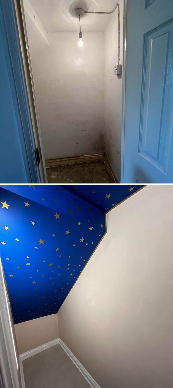 A small under-stairs closet transformation with a starry ceiling as a creative DIY home upgrade