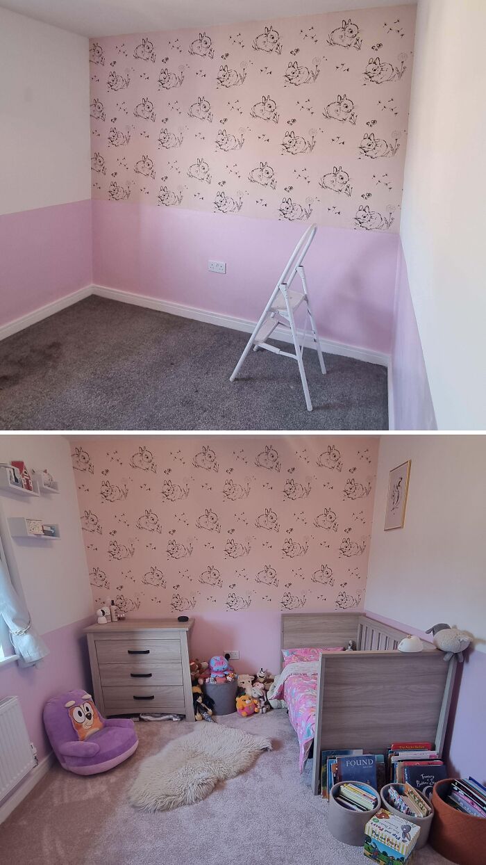 Before and after DIY home upgrades showing an empty pink room transformed into a cozy nursery