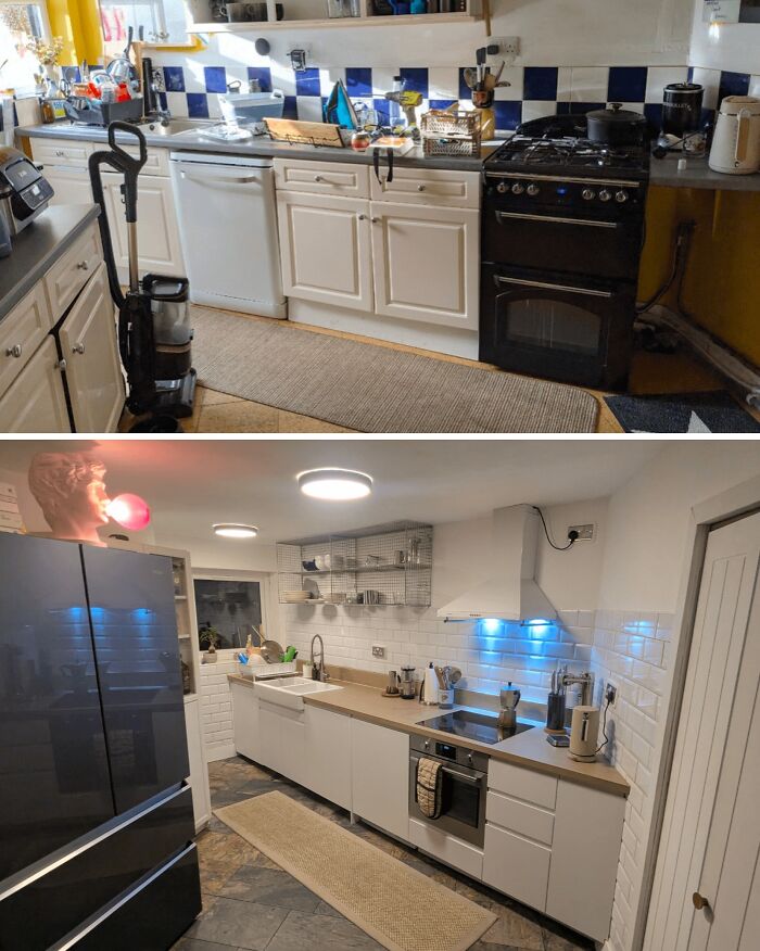 Before and after of a kitchen remodel with sleek countertops, a smart DIY home upgrade.