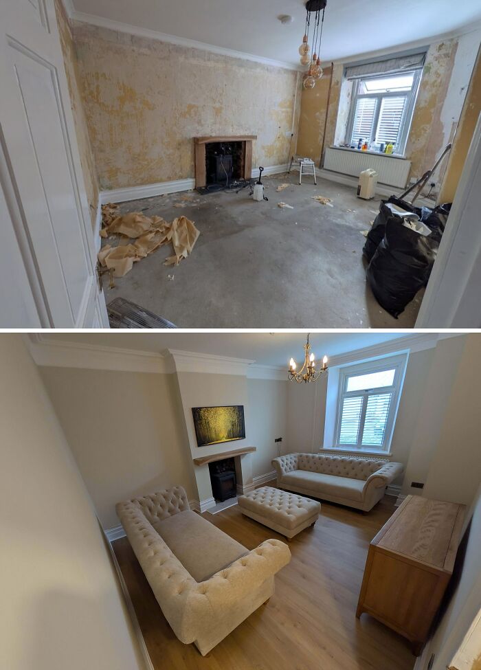 Before and after of a living room renovation with elegant beige sofas, a stylish DIY home upgrade.