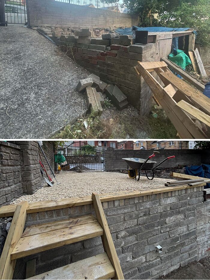 A newly constructed outdoor brick patio and stairs, a durable DIY home upgrade.