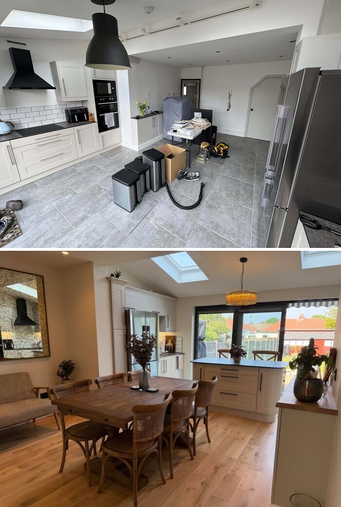 Before and after comparison of a kitchen renovation, showcasing a modern DIY home upgrade.