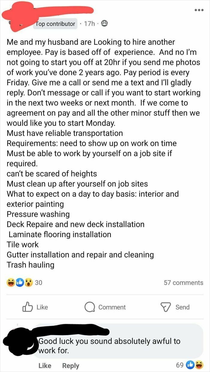 A demanding job posting on social media, showcasing choosing beggars with unrealistic employee requirements.