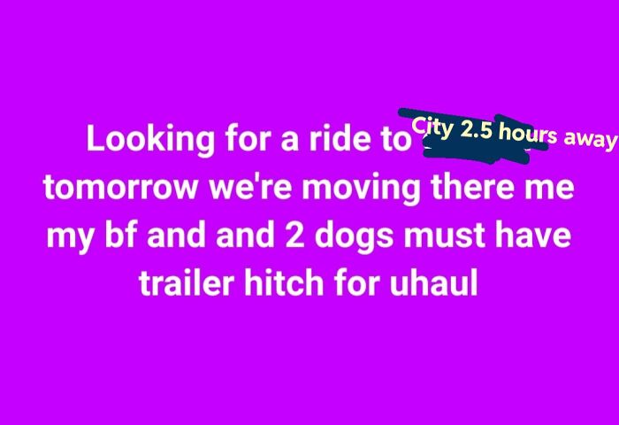 A bright purple background post showcasing choosing beggars asking for a free long-distance move